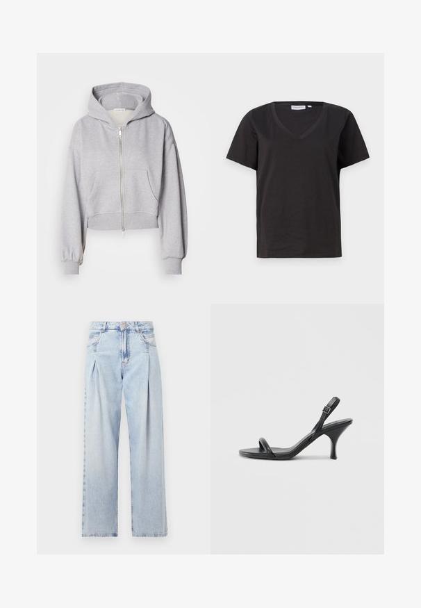 Kopta pelēka kapuce, kas izgatavota no mīksta auduma, ar priekšējo rāvējslēdzēju, lielu kapuci un divām priekšējām kabatām ar elastīgām aprocēm.; Melnas kokvilnas T-krekls ar V veida kakla izgriezumu un īsām piedurknēm. Vienkāršs dizains ar regulāru piegriezumu un bez rakstiem vai akcentiem.; Gaiši zilas džinsu bikses ar augstu jostasvietu, plats kāju griezumu, divām sānu kabatām un krokotā dizaina akcentiem. Mīksta tekstūra ar izdilušu apdari.; Melnas ādas augstpapēžu sandales ar plānu, izliekta formas papēdi un krustenisku siksnu dizainu. Regulējama potītes siksna. Gluda tekstūra.