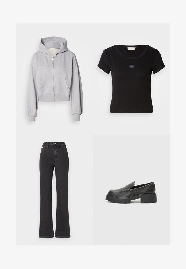 Kopta pelēka kapuce, kas izgatavota no mīksta auduma, ar priekšējo rāvējslēdzēju, lielu kapuci un divām priekšējām kabatām ar elastīgām aprocēm.; Melna, īsām piedurknēm t-krekls ar ribotu tekstūru, kurā ir neliela logo uzšuve krūtīs un apaļa kakla izgriezums.; Melnas augstā jostasvietā plati izgrieztas džinsus no denima, ar pogu aizdari, jostas cilpām un sānu kabatām. Gluda tekstūra ar minimālu izbalēšanu.; Melnas ādas mokasīni ar noapaļotu purngalu, biezs teksturēts zoles un minimālas dūriena detaļas. Gluds dizains bez redzamām auklām vai metāla elementiem.