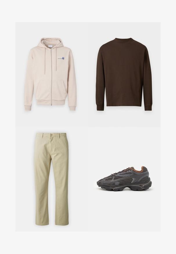 Casaco de capuz bege claro com fecho, em tecido macio, apresentando um bolso canguru, punhos canelados e um detalhe de logótipo bordado no lado esquerdo do peito.; Camisa castanha de manga longa feita de um tecido suave, com decote redondo e corte reto, sem padrões ou acessórios visíveis.; Calças de algodão bejes com um design de perna reta, fecho frontal com botão e passantes para cinto. Textura suave, sem padrões ou detalhes visíveis.; Ténis Lacoste em cinza-escuro com material em malha e sintético, apresentando uma sola texturizada e detalhes castanhos na gola e na marca.