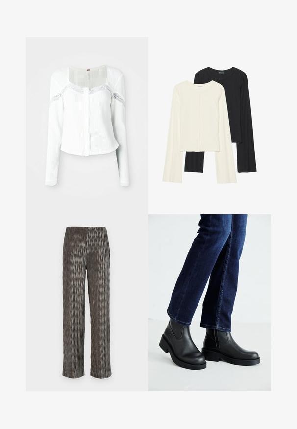 Cardigan branco de manga longa feito de tecido texturizado, com detalhes em renda ao longo dos ombros e um fechamento com botões na frente.; Conjunto de duas blusas de manga longa em branco e preto. Textura canelada, decote redondo, design ajustado com mangas ligeiramente evasê.; Calças largas cinzentas pregueadas com um padrão texturizado em forma de diamante. Material macio, cintura elástica e comprimento curto.; Botas de tornozelo de couro preto com sola grossa e painéis elásticos laterais, combinadas com jeans azul escuro. O chão é de cor clara.