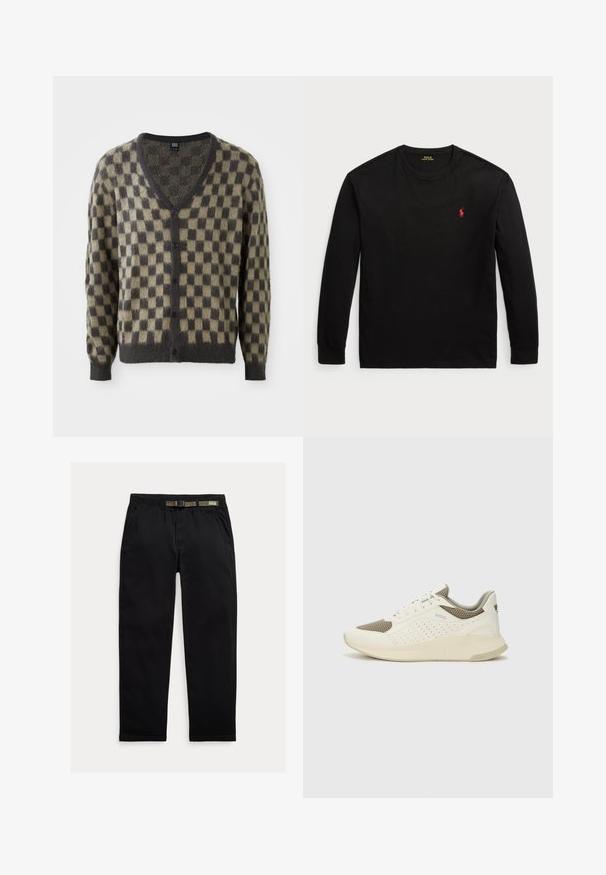 Cardigan s V-izrezom u kariranom uzorku koji sadrži nijanse maslinaste i tamno sive boje. Izrađen od mekanog, teksturiranog materijala s gumbima sprijeda.; Crna majica dugih rukava od pamuka. Ima okrugli izrez, rebraste manšete i mali crveni izvezeni logo na prsima. Glatka tekstura.; Crne hlače izrađene od laganog materijala, s elastičnim pojasom i integriranim zelenim remenom, ravnog kroja i bočnim džepovima.; Bijele i svijetlosmeđe sportske tenisice, sa mrežastim gornjim dijelom, perforiranim detaljima i teksturiranim međutrakom sa brendom na peti.
