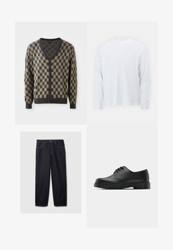 V-izrezani cardigan s kariranim vzorcem v odtenkih olivno zelene in temno sive. Narejen iz mehkega, teksturiranega materiala z gumbi spredaj.; Bela majica s dolgimi rokavi iz bombaža, z okroglo ovratnikom in ravnim robom. Gladka tekstura, preprost dizajn brez vzorcev ali dodatkov.; Temno modri kavbojki s ravnim krojem, opremljeni z gumbom in zadrgo, dvema sprednjima žepoma ter kontrastnim oranžnim šivom.; Črne usnjene oksford čevlje z vezalkami, zaobljenim prstom, ravnim gumijastim podplatom in diskretnim šivanjem po zgornjem delu.