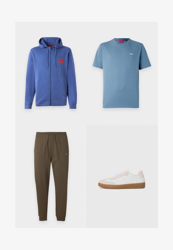 Blue zip-up hoodie with a hood, made from a soft material. Features red logo patch on the chest and ribbed cuffs and hem.; Blue short-sleeve crewneck T-shirt with small white "HUGO" logo on left chest and red inner collar label.; Dark olive green sweatpants with an elastic waistband, drawstring, side pockets, and ribbed cuffs. Small blue logo patch on the left.; White and beige sneaker with suede and leather elements. Features a rubber sole, lace-up design, and minimalist side stripes.