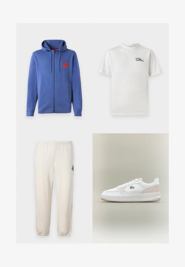 Kék, kapucnis, cipzáros pulóver, puha anyagból készült. A mellkasán piros logófelvarró és bordázott mandzsetták, valamint szegély található.; Fehér pamut póló kerek nyakkivágással, rövid ujjal és egy kis gépi hímzésű logóval, amely hegyeket és szöveget ábrázol a bal mellen.; Világos bézs szabadidőnadrág, pamutból készült, rugalmas derékkal, bordázott mandzsettákkal, és zöld logóval, amely leveleket ábrázol, a bal lábon.; Fehér sportcipők sima bőr felsőrészsel, velúr részletekkel és gumitalppal. Jellemzője a dombornyomott logó és a fűzős dizájn. Minimalista esztétika.