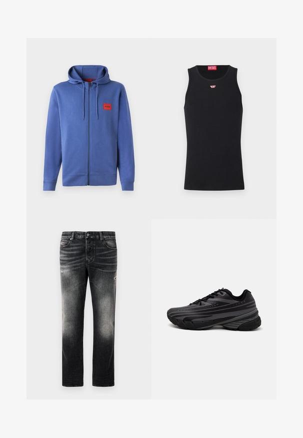 Blue zip-up hoodie with a hood, made from a soft material. Features red logo patch on the chest and ribbed cuffs and hem.; Black tank top made of smooth fabric, featuring a round neckline, armholes, and a small red logo on the chest. Simple design, sleeveless.; Black jeans featuring a faded finish with distressed accents, standard five-pocket design, and a zip-fly closure. Made of denim fabric.; Black running shoe with a textured upper featuring gray stripes. Thick sole for cushioning, round toe, and flat laces for secure fit.