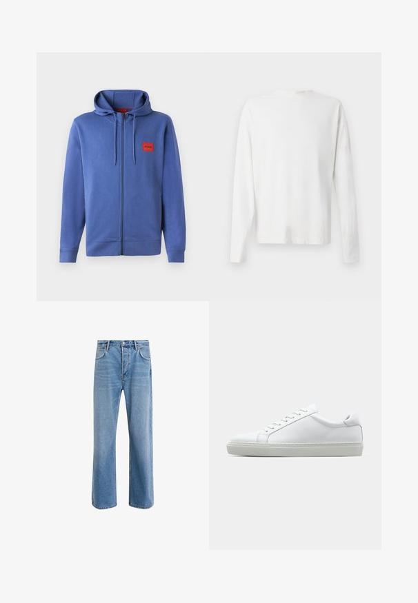 Corta-vento azul com fecho éclair e capuz, feito de um material suave. Apresenta um patch do logotipo vermelho no peito e punhos e barra canelados.; Camisa de algodão branca de mangas longas com decote redondo, fendas laterais na parte inferior e uma textura suave, mostrada de trás.; Calças de ganga azul claro com um design de perna reta, cinco bolsos, fecho de botão, desgaste mínimo e detalhes de costura em contraste.; Sapatilha branca com um cabedal em couro liso e de perfil baixo. Apresenta um bico redondo, seis ilhoses e uma sola de borracha texturizada.