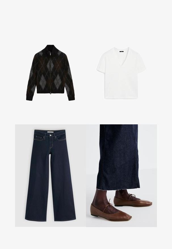 Cardigan con zip in nero, grigio antracite e marrone con motivo argyle. Realizzato in un tessuto a maglia testurizzato, presenta un colletto alto.; T-shirt bianca a maniche corte con scollatura a V, realizzata in cotone, caratterizzata da un design minimalista e una texture liscia, con orlo dritto e senza decorazioni.; Jeans a gamba larga in denim scuro con cuciture arancioni, chiusura con bottone, due tasche frontali e una texture liscia. Presenta un orlo pulito.; Ballerine in pelle marrone con punta appuntita e dettaglio annodato, abbinate a una gonna di jeans scura con orlo sfrangiato e cuciture laterali.