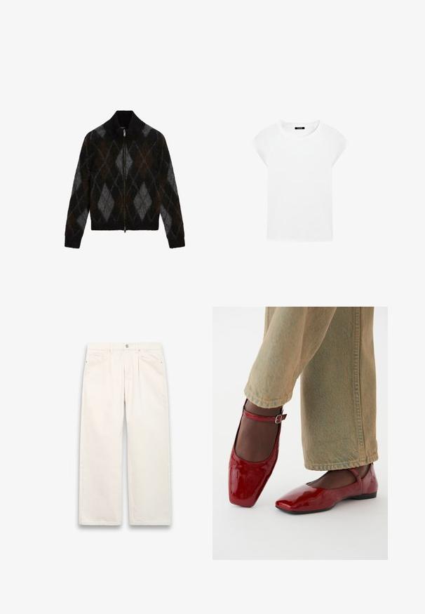 Gevoerde cardigan in zwart, antraciet en bruin met een ruitpatroon. Gemaakt van een gestructureerde breiselstof, met een opstaande kraag.; Witte t-shirt met korte mouwen, gemaakt van zachte katoen, met een ronde halsline en raglanmouwen. Het heeft een ontspannen, rechte snit en is zonder patronen.; Witte wijde denim jeans met een knoopsluiting, vijf zakken en subtiele stiksels. Schoon, minimalistisch ontwerp.; Rode lakleren schoenen met een vierkante neus, lage hak en enkelbandje, gecombineerd met lichtgroene wijde jeans. Glad textuur, reflecterend oppervlak.