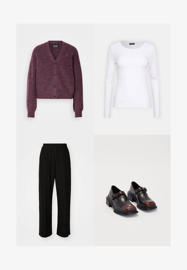 Scotch & Soda FUZZY RELAXED CARDIGAN - Kardiganas - berry melange; Balta, raukšlėta ilgarankovė palaidinė su apvalia iškirpte. Pagaminta iš elastingos medžiagos, kuri prisitaiko prie kūno. Pasipuošusi subtiliomis horizontaliosiomis linijomis.; Juodi, plačių kojų kelnės su baltomis vertikaliomis juostelėmis, su elastinga juosmens juosta, užtikrinančia komfortą, ir sklandžia, minkšta tekstūra.; Odiniai blokiniai kulniukai su blizgiu tamsiai rudų vyno atspalviu, su sagties dirželiu ir apvalia nosimi. Tekstūruotas padas geresniam sukibimui.