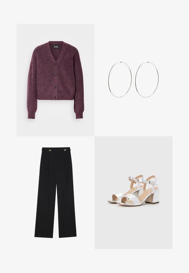 Scotch & Soda FUZZY RELAXED CARDIGAN - Kardigán - berry melange; Dve tielka bez rukávov v čiernej a bielej farbe. Vyrobené z jemného, elastického materiálu s rebrovým vzorom a priliehavým strihom. S úzkymi ramienkami.; Čierne široké nohavice s vysokým pásom, so zapínaním na gombíky na páse a prednými sklady.; Strieborné sandále na vysokom podpätku s odhalenými prstami, vybavené dvoma širokými popruhmi a zaobleným blokovým podpätkom. Hladký povrch s metalickým leskom.; Strieborné kruhové náušnice s hladkým, okrúhlym dizajnom a lesklým povrchom. Sú tenké a ľahké, s jednoduchým uzáverom.