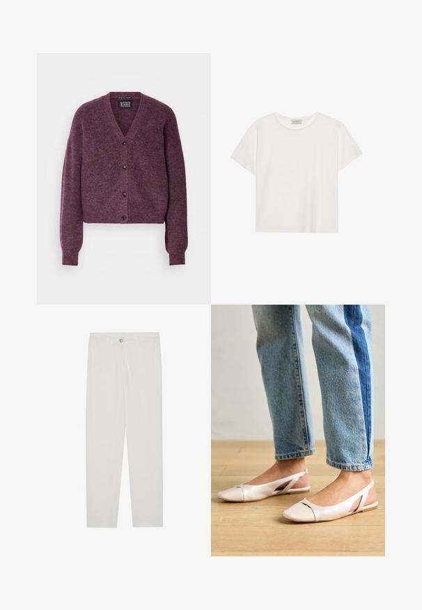 Scotch & Soda FUZZY RELAXED CARDIGAN - Cardigan - berry melange; Hvit T-skjorte med kort erm laget av myk bomull. Har rund hals og avslappet passform. Rent design uten synlige mønstre eller aksenter.; Hvite, skreddersydde bukser med rette ben, med knapplukking, beltehemper og sidelommer; glatt tekstur.; Lys rosa slingback leiligheter med spiss tå, laget av et glatt, læraktig materiale. Har utskjæringer på sidene og lav hæl.