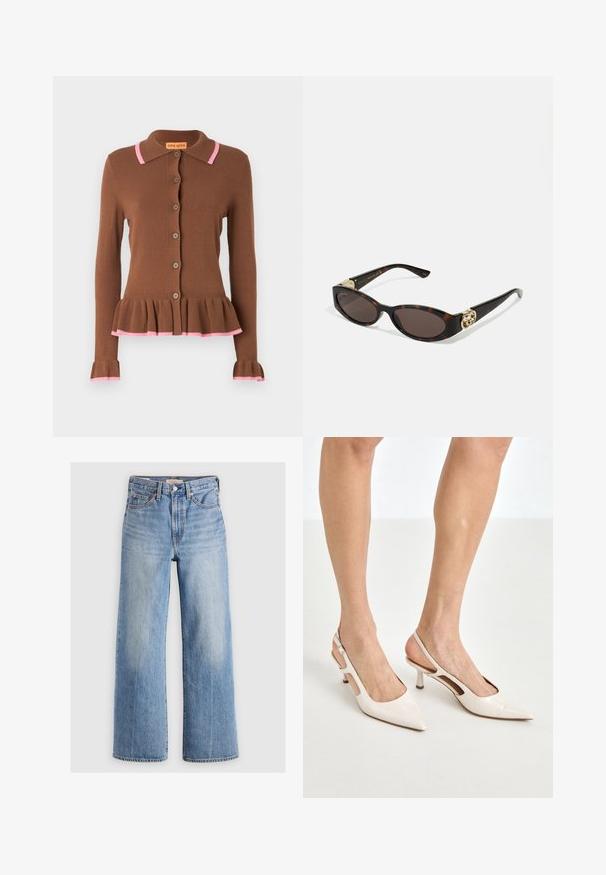 Cárdigan marrón con un dobladillo peplum acampanado, acentos en relieve rosa en el cuello y los puños, y botones redondos en la parte delantera. Textura de punto suave.; Top de cuello alto de manga larga en un color beige claro. Hecho de una tela suave y elástica con un corte holgado y un cuello doblado.; Pantalones vaqueros de mezclilla de corte ancho en azul claro, con cintura alta, zonas desteñidas, cinco bolsillos y costuras en contraste. Cierre clásico con botón y cremallera.; Tacones slingback de charol beige con punta afilada y un tacón de 5 cm, con lados recortados y una delgada correa en el tobillo.; Gafas de sol carey con lentes ovalados alargados, tintado marrón, acentos de logo dorado en las patillas y brazos negros elegantes.; Bolso de cuero crema curvado con una sola correa, herrajes dorados y un sutil logo en la parte inferior. Cierre de cremallera a lo largo del borde superior.