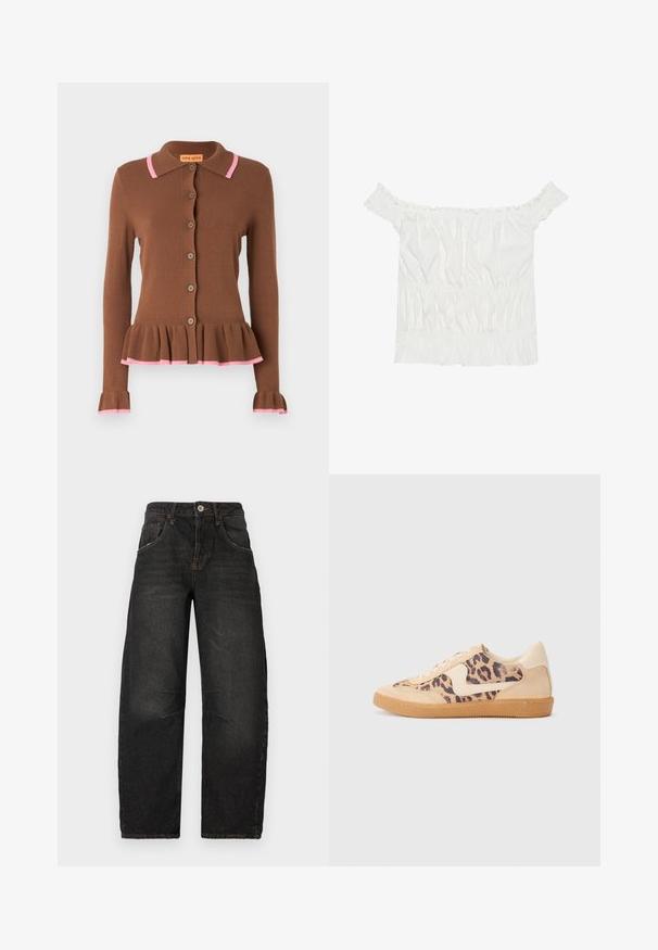 Pruun kardigan flared peplum äärisega, roosa ribatöötlusega kaela ja mansettide juures ning ringikujulised nupud ees. Pehme kudum.; Valge õlavabalt topp, millel on volangakujulised aktsendid, kokku tõmmatud tekstuur ja elastne vöökoht. Valmistatud pehmest puuvillakangast.; Mustad denim teksad, sirge säärega, viietaskulise disainiga, nähtava õmblusega ja esise nupulehega. Kergelt foneeritud ja tekstuuriga kangas.; Leopardi mustriga tossud, millel on beež sueded ülemine osa, pruuni kummist põhi ja valged aktsendid. Ümar nina ja lipsukujundus, millel on tekstureeritud viimistlus.