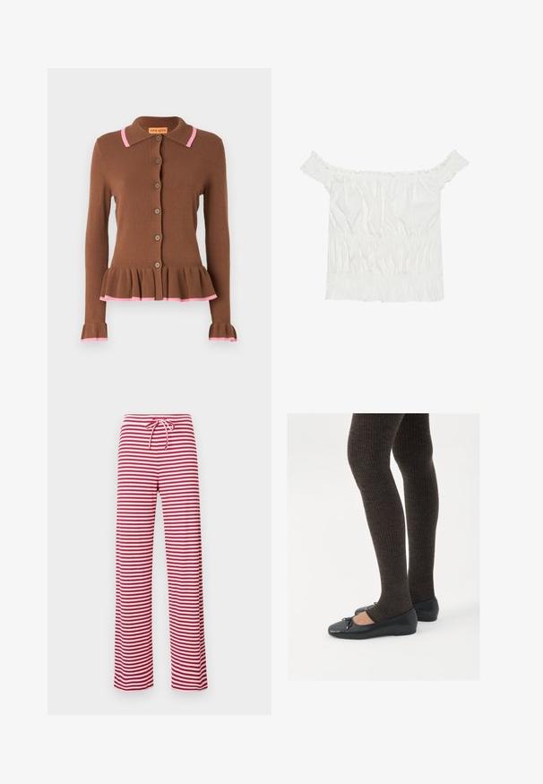 Brauner Cardigan mit schwingendem Peplum-Saum, rosanen Rippenelementen am Kragen und an den Manschetten sowie runden Knöpfen vorne. Weich gestrickter Stoff.; Weißes Off-Shoulder-Top mit Rüschendetails, gepufftem Textil und einem elastischen Bund. Hergestellt aus weichem Baumwollstoff.; Rote und weiße gestreifte, locker sitzende Hose mit Kordelzug und geriffelter Textur. Das gerade Beinendes Design reicht bis zur Knöchellänge.; Schwarze flache Schuhe mit einem kleinen Schleifendetail an der Zehe, kombiniert mit dunkelbraunen gerippten Strumpfhosen. Die Schuhe haben eine glatte Textur und ein niedriges Profil.