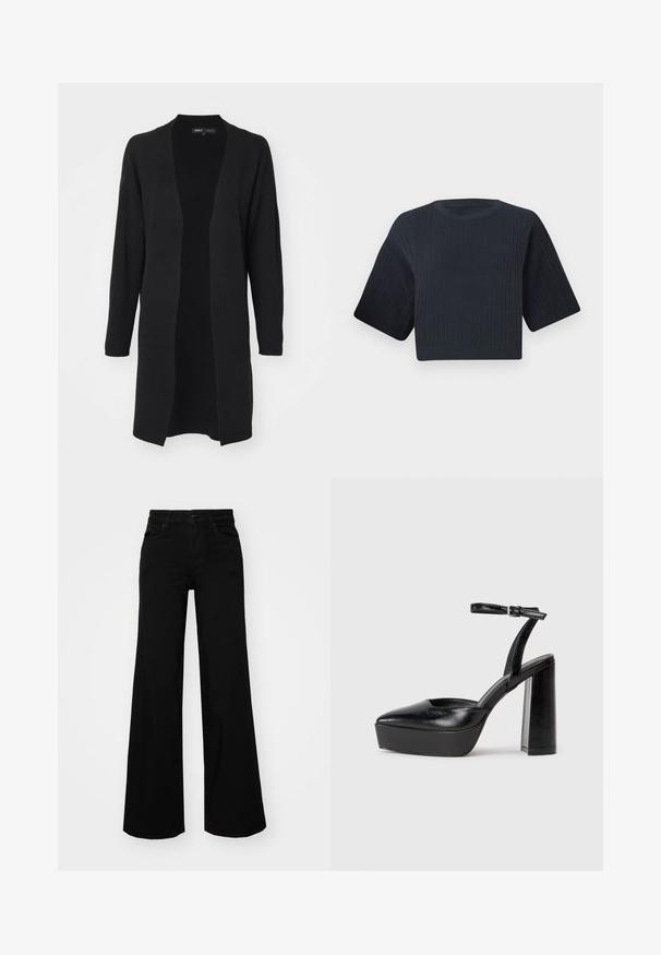 ONLY ONLFRIDA LIFE OPEN - Cardigan - black; Maglione cropped in nave blu scuro con texture a coste, maniche corte e ampie, e scollatura rotonda. Design semplice, senza motivi o accenti visibili.; Pantaloni neri a gamba larga in denim, con una vita strutturata, passanti per la cintura e tasche frontali. Texture liscia con un design classico.; Tacchi a piattaforma neri con punta appuntita e cinturino regolabile alla caviglia. Realizzati in pelle liscia, presentano un tacco a blocco spesso.
