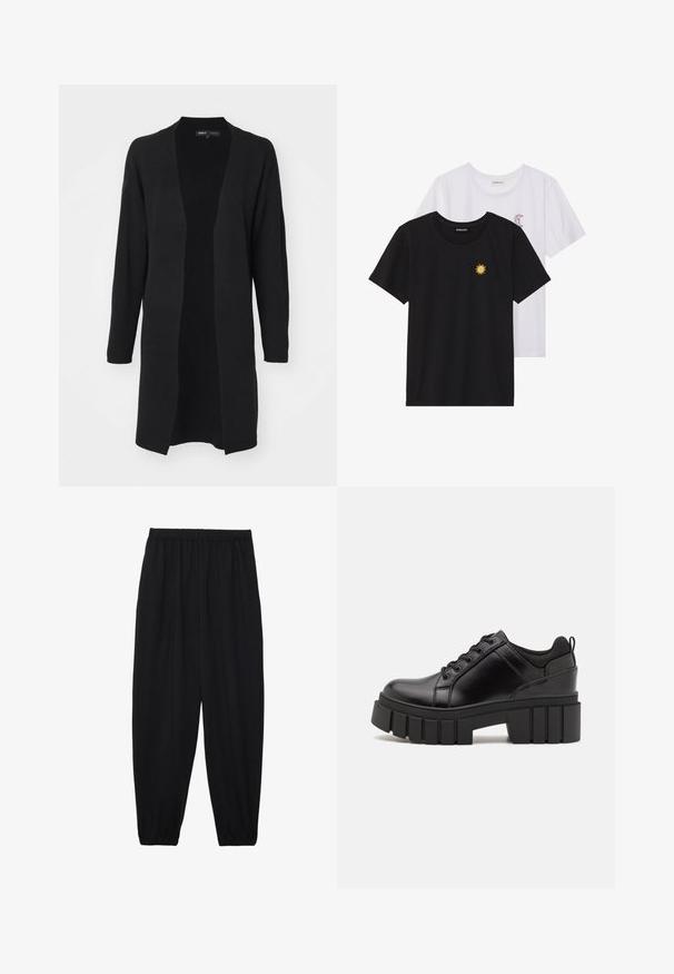 ONLY ONLFRIDA LIFE OPEN - Kardigán - black; Fekete és fehér T-shirtok, kerek nyakkivágással, rövid ujjakkal. A fekete pólón sárga nap hímzés található; a fehér póló lila félhold díszítéssel rendelkezik.; Fekete, könnyű nadrág elasztikus derékkal és ráncolt bokákkal. Az anyag sima és laza, szűkített dizájnnal rendelkezik.; Fekete bőr platform cipők vaskos blokk sarkakkal, kerek orral és hagyományos fűzős kialakítással. Simára csiszolt felület és minimális részletezés jellemzi.