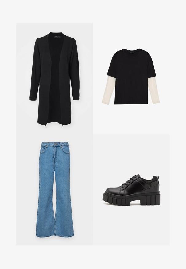 ONLY ONLFRIDA LIFE OPEN - Casaco de malha - black; T-shirt preta de algodão, com mangas curtas sobre uma camada de mangas longas branca com um padrão texturizado subtil. Design de decote redondo.; Jeans de brim azuis claros, com corte à boca de sino, apresentando uma cintura alta, cinco bolsos e um fecho de botão único. Textura macia com acabamento desbotado.; Sapatos de plataforma em couro preto com um salto bloco robusto, bico redondo e design clássico de atacadores. Apresentam uma textura suave e detalhes mínimos.