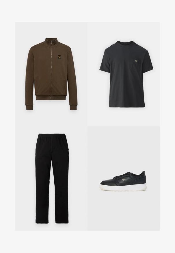 Belstaff FULL ZIP - Camisola com fecho - clay brown; Camiseta de algodão preta com mangas curtas, decote redondo e um pequeno logo verde no bolso do peito esquerdo. Design simples, corte regular.; Calças pretas feitas de um tecido de algodão misto, com corte reto, cintura elástica com botão e sem padrões ou detalhes visíveis.; Sapatilha de couro preto com sola branca, apresentando um bico arredondado, design com atacadores e um logotipo discreto na lateral. Detalhes em relevo na parte superior.