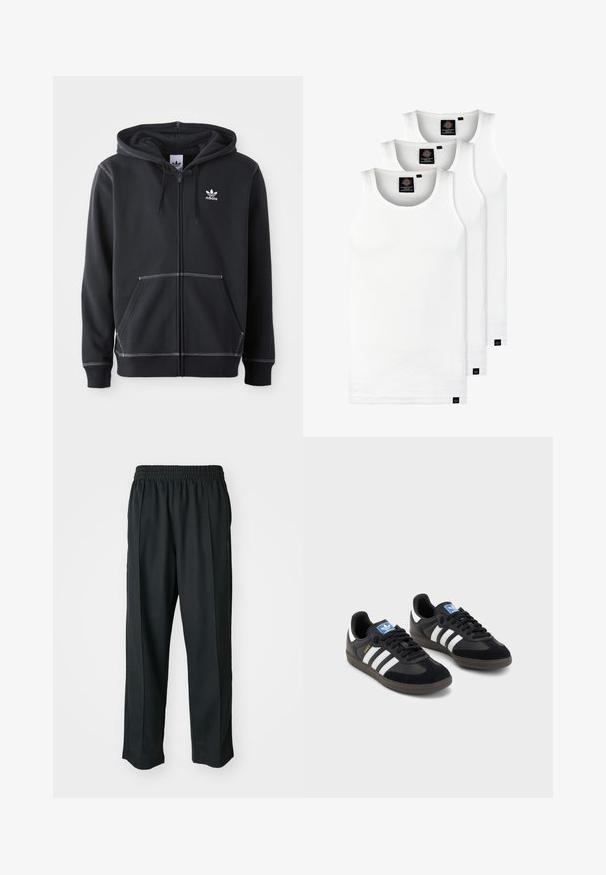 Sweatshirt preto com fecho, feito de tecido macio, com um bolso canguru na frente, acentos em costura branca e um pequeno logotipo branco no peito.; Três tops em algodão de alças brancas com nervuras. Apresentam um decote redondo e pequenas etiquetas pretas perto da bainha. Disponíveis em vários tamanhos.; Calças atléticas pretas com um cós elástico, feitas de tecido suave, com costuras laterais discretas e um ajuste descontraído, design de perna reta.; Sneakers pretos com parte superior em camurça e sintético, apresentando três riscas brancas, sola de borracha texturizada e etiqueta azul no linguete.