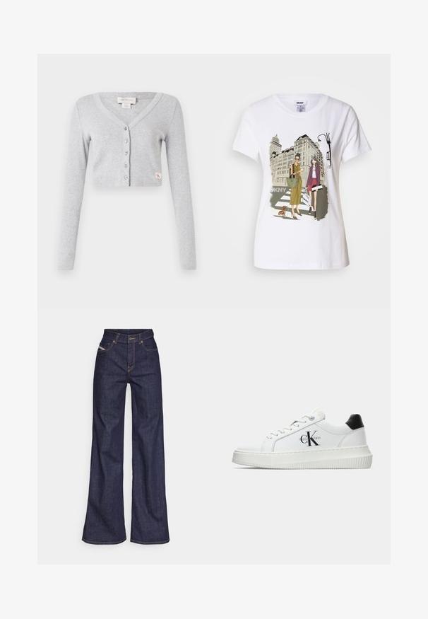 Cardigan scurt gri din țesătură moale, cu decolteu în V, mâneci lungi, sistem de închidere cu șase butoane și un mic etichetă cu logo pe față.; T-shirt alb din bumbac, cu o ilustrație imprimată ce înfățișează două femei în stiluri de modă urbană, alături de un câine pe o trecere de pietoni și clădiri ale orașului.; Blugi taille mare, de culoare albastru închis, din material denim, cu croială largă, cu cusături portocalii, design cu cinci buzunare și închidere cu nasture.; Adidași albi cu glezna joasă, cu tab-ul de călcâi negru, talpă platformă, șireturi și logo-ul "CK" de la Calvin Klein pe lateral.