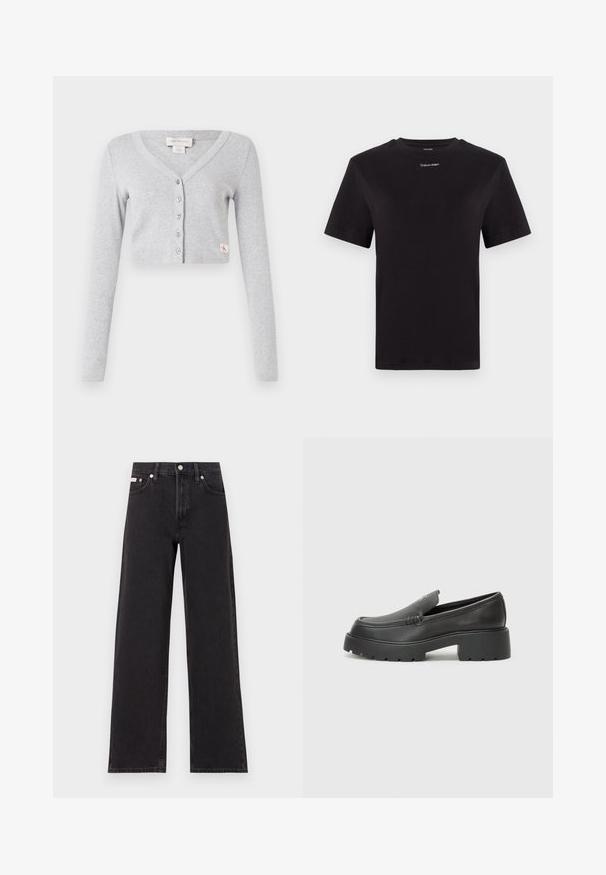 Cardigã cinza curto feito de tecido suave, com decote em V, mangas longas, fecho de seis botões e uma pequena etiqueta de logótipo na parte da frente.; T-shirt preta de algodão com mangas curtas, decote redondo e pequeno logótipo branco "Calvin Klein" no peito. Textura suave, ajuste clássico.; Jeans de perna larga pretos feitos de denim, apresentando uma cintura alta, estilo de cinco bolsos e um fecho em botão de metal com costura contrastante.; Mocassins de couro preto com bico arredondado, sola espessa e texturizada, e detalhes de costura minimalistas. Design elegante sem atacadores ou ferragens visíveis.