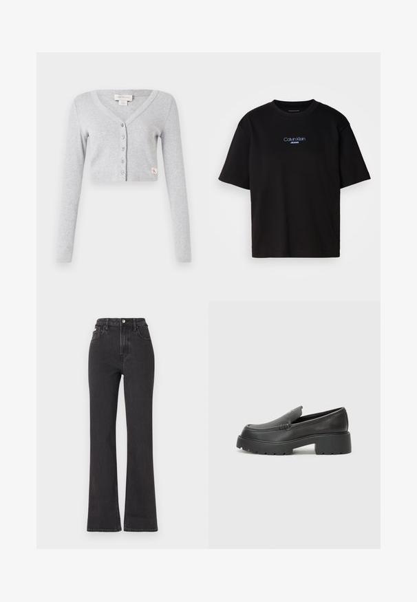 Grå kort cardigan tillverkad av mjukt tyg, med V-halsringning, långa ärmar, sexknäppt stängning och en liten logotag på framsidan.; Svart bomulls T-shirt med rund nacke, korta ärmar och blå broderad "Calvin Klein JEANS" logotyp på framsidan.; Svarta högmidjade utsvängda jeans i denim, med knappknäppning, bältesöglor och sidofickor. Slät textur med minimal urtvättning.; Svarta läderloafers med rund tå, tjockt strukturerat såle och minimala sömnadsdetaljer. Snygg design utan synliga snören eller beslag.