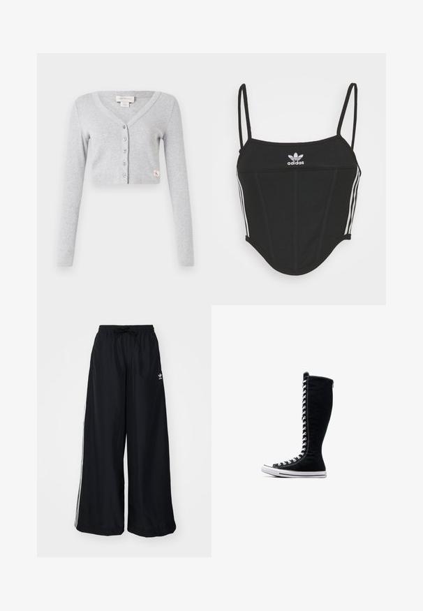 Pelēka īsā džemperis, kas izgatavots no mīkstas auduma, ar V-veida kaklu, garām piedurknēm, sešu pogu aizdari un nelielu logo birku priekšpusē.; Melna ribota krūštura blūze ar regulējamām plānām siksnām, kurai sānos ir trīs baltas svītras un centrā neliela baltā Adidas logo.; Melni plataji svārki, kas izgatavoti no viegla auduma. Raksturīga elastīga josta ar auklu un baltām sānu svītrām. Zīmola logo uz gurniem.; Melni augstie sporta apavi ar augstu dizainu, izgatavoti no kanvas. Iezīmēti ar baltiem auklām, diegojumiem un gumijas zoli ar purngalu.