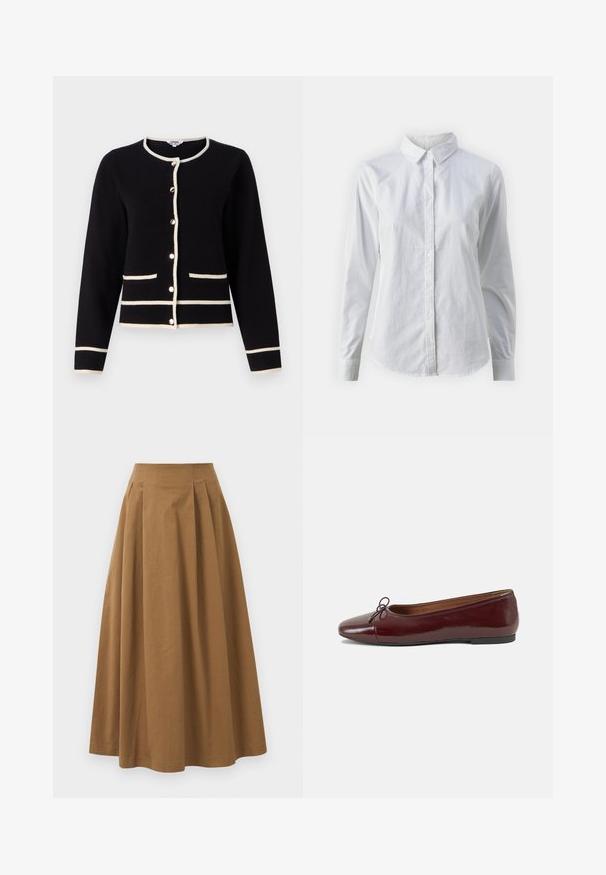 Musternääriga must kardigan valge äärisega, ümmarguse kaeluse, pikkade varrukate, nööpkddi ja kahe eesmine taskuga. Pehme tekstuur.; Valge nööpidega särk, mis on valmistatud siledast puuvillast. Särgil on klassikaline krae, pikad varrukad ja kaarduv äär. Nöödid on väikesed ja valged.; Pruun puuvillane A-line seelik kõrge vöökohaga, millel on voldid ees ja sile tekstuur. Pika serva viimistlus on puhas ja lihtne.; Burgundi patendnahk kingad balletitüüpi, ümmarguse ninaosa, ees väike paelaaktsent ja madal must kummist tald. Sile tekstuur.