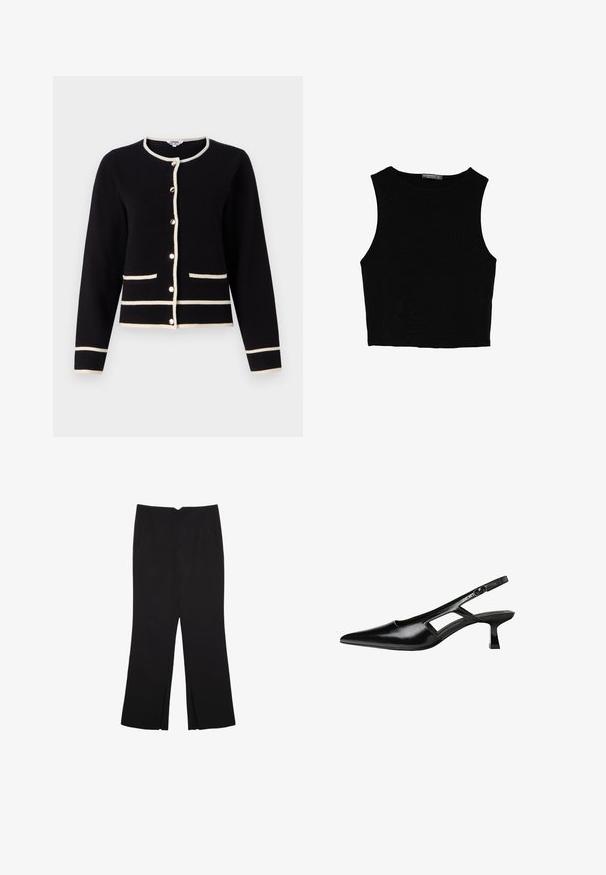 Sort cardigan med hvid kant, med rund hals, lange ærmer, knaplukning og to frontlommer. Blød tekstur.; Sort ærmeløs crop top lavet af glat stof, med rund hals og et rent, enkelt design uden mønstre eller hardware.; Sorte bukser med lige pasform, der har frontlommer og slidser i kanten. Lavet af blødt, glat stof. Velegnet til forskellige anledninger.; Sorte patentlæder slingback hæle med spids tå, udskåret sideskærm og en lille firkantet hæl. Glat tekstur med minimale detaljer.