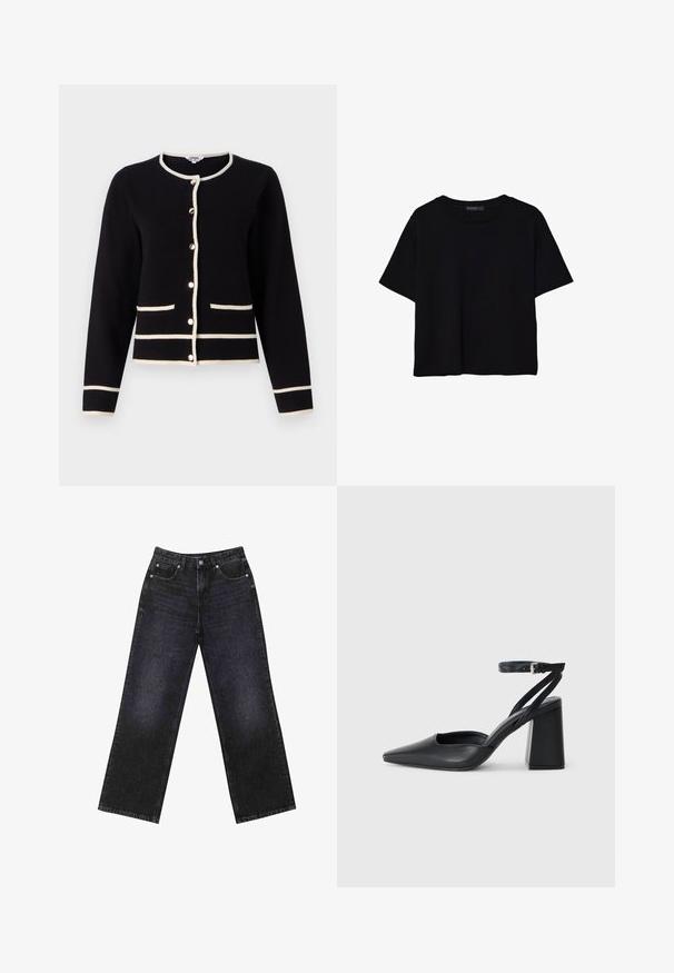 Svart kofta med vit kant, med rund hals, långa ärmar, knäppning fram och två framfickor. Mjuk textur.; Svart t-shirt med kort ärm tillverkad av bomull. Har en rund hals och en lös passform med en slät, enfärgad yta. Inga synliga mönster eller accenter.; Höga svarta denimjeans med vida ben, femficksdesign och synlig sömnad. Tyget har en jämn, något texturerad yta.; Svart läderpumps med spetsig tå, ankelrem och kraftig klack. Slät textur, stilren design och minimalistisk estetik.