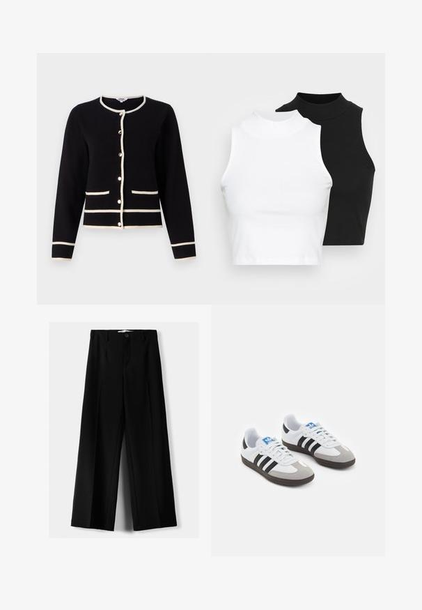 Schwarze Strickjacke mit weißem Saum, Rundhalsausschnitt, langen Ärmeln, Knopfverschluss und zwei vorderen Taschen. Weiches Material.; Zwei ärmellose, gerippte Rollkragenoberteile in Schwarz und Weiß, mit einer figurbetonten Passform und glatter Textur sowie einer cropped Länge.; Schwarze weite Hosen aus leichtem Stoff, mit einem Knopfverschluss vorne und flachem Bund, mit sorgfältig genähten Säumen.; Sportschuhe mit einem Obermaterial aus weißem Leder, grauer Wildleder-Zehenkappe und drei schwarzen Streifen. Sie verfügen über ein blaues Logo auf der Zunge und eine strukturierte Gummisohle.