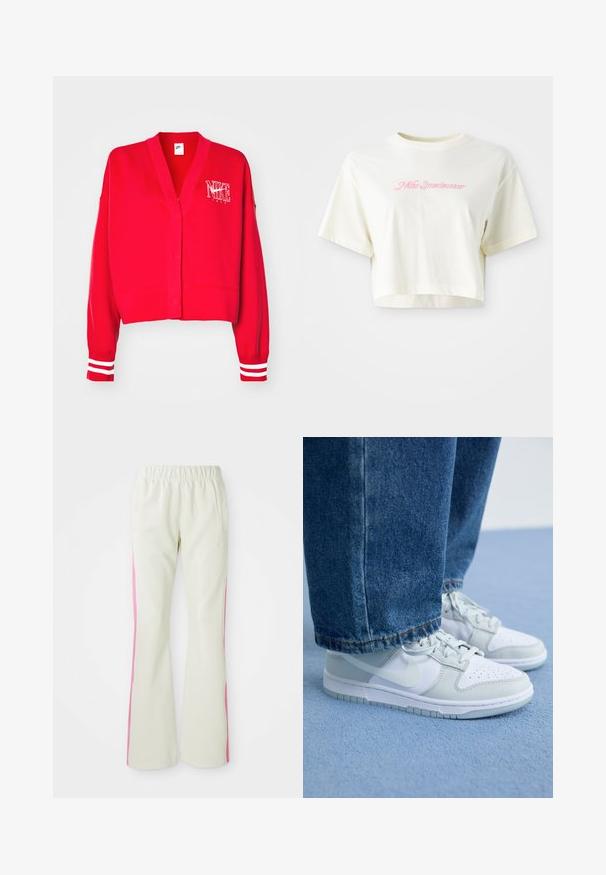 Rode katoenen cardigan met een V-halsontwerp, met een geborduurd wit Nike-logo en gestreepte witte accenten op de mouwen.; Korte, crèmekleurige t-shirt van katoen. Heeft een roze geborduurd logo met de tekst "Nike Sportwear." Korte mouwen en een ronde halslijn.; Lichtbeige broek met een elastische tailleband, voorzien van roze zijpanelen en zijzakken. Gladde textuur met een recht gesneden pasvorm.; Nike sneakers in wit en lichtgrijs leer met geperforeerde neus, platte veters en een rubberen zool, gedragen met blauwe denim jeans.