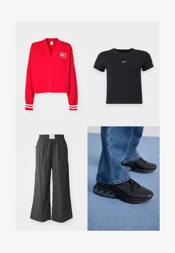 Cardigã de algodão vermelho com um design de decote em V, apresentando um logótipo da Nike bordado em branco e detalhes listrados brancos nas mangas.; T-shirt preta de manga curta feita de algodão, com decote redondo. Apresenta um logótipo branco da Nike no peito, design minimalista e corte ajustado.; Calças largas às riscas pretas e cinzas com um cós elástico e uma etiqueta do logótipo Nike na parte de trás. Tecido leve, design de ajuste solto.; Ténis atléticos pretos com parte superior em malha, detalhes texturizados e almofadas de amortecimento de ar visíveis na sola. Usados com uns jeans de ganga azuis.