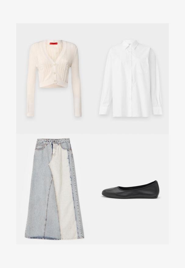 MAX&Co. NELLO - Kardiganas - weiss; Balta ilga rankovėmis marškiniai, pagaminti iš medvilnės, su klasikiniu apykakle, mygtukų uždarymu ir vienu krūtinės kišeniu kairėje pusėje.; Džinsinė sijonas su lokščių raštu, įskaitant šviesiai ir vidutiniškai mėlynus skyrius, suplėšytais kraštais ir aukšta juosmens linija. Klasikinis penkių kišenių stilius.; Juodai odiniai baletai su apvaliu pirštu, lygi texture, minimalus siuvimo detales ir lanksčiu padų dizainu.