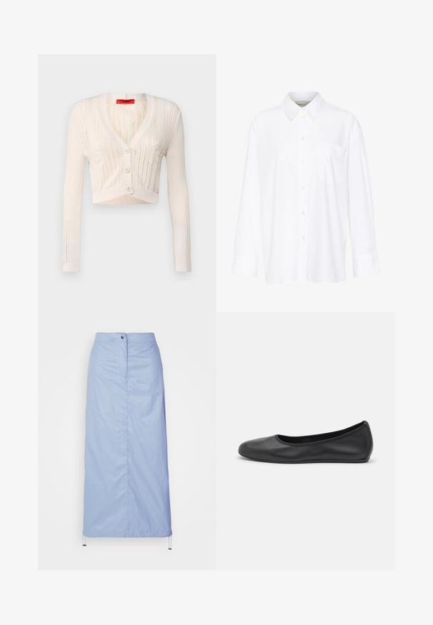 MAX&Co. NELLO - Cardigan - weiss; Camicia bianca a maniche lunghe con colletto in cotone. Caratterizzata da una chiusura con bottoni e una tasca sul petto singola. Tessuto liscio, vestibilità comoda.; Gonna blu chiaro, di lunghezza media, realizzata in materiale liscio e leggero con taglio dritto, dotata di chiusura con bottoni frontali e orlo con cordoncino.; Pantofole da balletto nere in pelle con punta arrotondata, texture liscia, dettagli di cucitura minimi e design con suola flessibile.