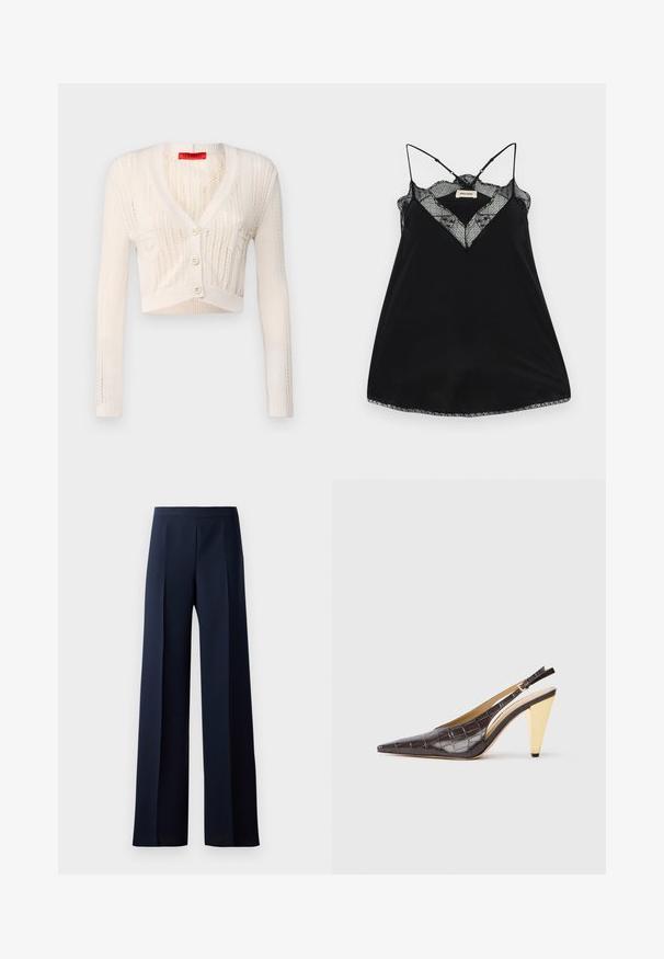 MAX&Co. NELLO biały; Czarna koszulka na ramiączkach z regulowanymi sznurkami, z koronkowym dekoltem w kształcie litery V i falbaniastymi brzegami. Gładki materiał o lekkim połysku.; Szerokie spodnie w ciemnonawowym materiale, charakteryzujące się gładką fakturą, dyskretnymi plisami z przodu oraz dopasowanym pasem dla uzyskania wysmuklającej sylwetki.; Sandały na obcasie z przeszyciem w ciemnym brązowym lakierowanym faux krokodyle. Posiadają złoty geometrzyczny obcas oraz regulowany pasek wokół kostki.