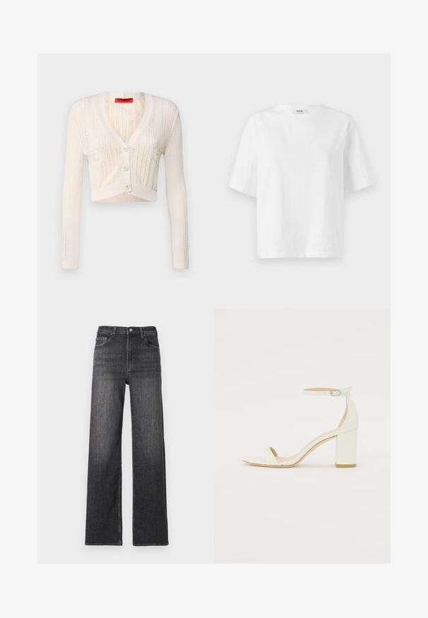 MAX&Co. NELLO - Adīta jaka - weiss; Baltas īsās piedurknes T-krekls, kas izgatavots no kokvilnas, ar apaļu kakla izgriezumu un brīvu, kvadrātveida piegriezumu ar minimālām šuvju detaļām.; Plati kāju tumši pelēki džinsi ar pogu aizdari un piecu kabatu dizainu. Iespējamā viegla tekstūra un klasiskā taisnā piegriezuma stils.; Balts ādas blokpārklājs ar siksniņu ap potīti, kurai ir sprādze un minimālistisks dizains. Atvērta purna un gludas virsmas visā apavā.