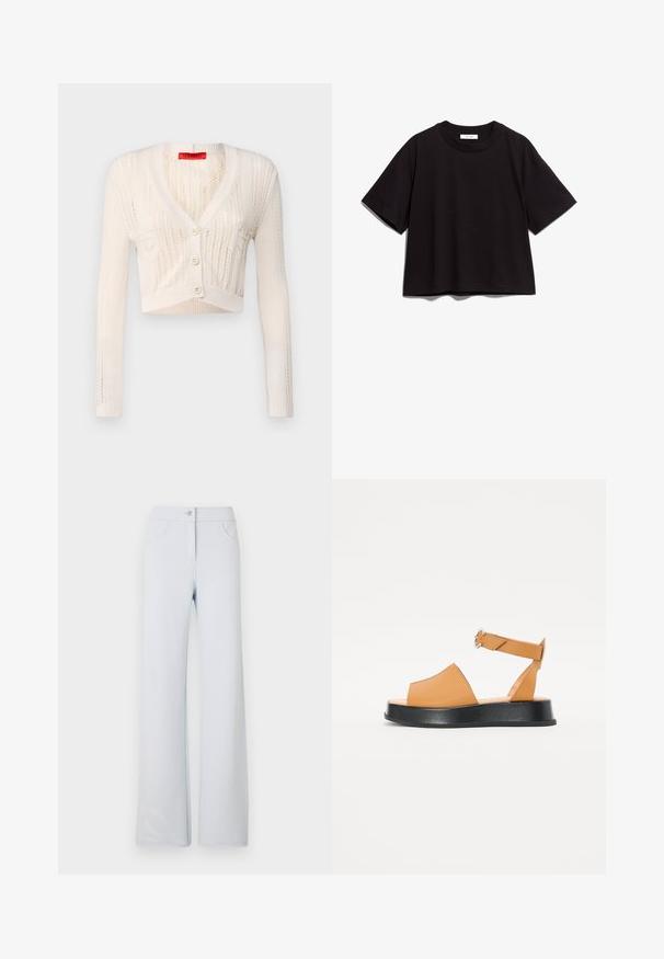 MAX&Co. NELLO - Cardigan - weiss; Tricou scurt din bumbac negru, cu guler rotund și mâneci scurte. Prezintă o croială lejeră și un design simplu, fără ornamente.; Pantaloni largi de culoare albastru deschis, realizați dintr-un material moale, având închidere frontală cu nasture, pasuri pentru curea și două buzunare laterale. Textură netedă și design simplu.; Sandale din piele arămie cu partea din față largă, vârful deschis, curea ajustabilă și talpă groasă neagră. Textură netedă și design minimalist.