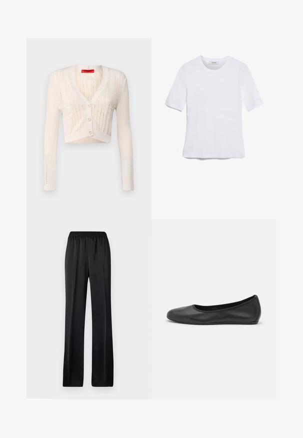 MAX&Co. NELLO - Kardigan - weiss; Bílá tričko s krátkým rukávem vyrobené z žebrované tkaniny. Kulatý výstřih, normální střih a jemné detaily šití. Bez vzorů nebo grafik.; Černé, široké kalhoty s elastickým pasem. Vyrobené z hladké, lehké látky, s rovný střih a bez viditelných vzorů.; Černé kožené baletní byty s kulatou špičkou, hladkou texturou, minimálními švy a flexibilním designem podrážky.