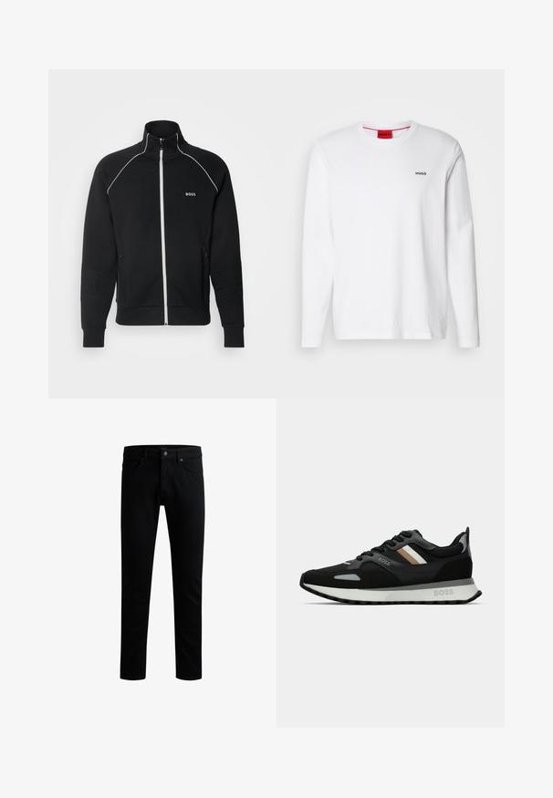 Svart zip-up jacka med hög krage, kontrasterande vit sömnad, ribbade ärmslut och sidofickor. Har en logo på bröstet.; Vit långärmad skjorta i bomull, med rund halsringning, svart "HUGO"-logotyp på vänster bröst och en mjuk textur.; Svarta denimjeans med rak passform, femficksdesign, framknäppning och diskreta sömnadsdetaljer vid midjan.; Svart löparsko med en texturerad yta, ljusgrå detaljer och tre horisontella ränder i brunt. Har en vit stoppad sula.