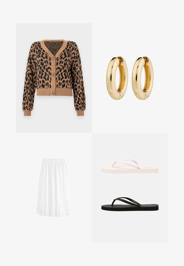 Skraćeni kardigan u boji smeđe sa crnim leopardskim uzorkom. Ima V-izrez, rebrasti rub i manžetne, te pet dugmadi sprijeda. Mekan na dodir.; Even&Odd Top dugih rukava - black; Bijela suknja do koljena izrađena od lagane tkanine. Ima elastičnu narukvicu za prilagodljivo pristajanje i mekano pada.; Bijele i crne gumene japanke s teksturiranim udobnim podlogama, tankim trakama i kontrastnim bojama. Svaki par ima jednostavan dizajn i minimalno brendiranje.; Zlatne kružne naušnice s glatkom, poliranim površinom i zaobljenim oblikom. Unutarnji rub sadrži suptilnu procjepnu detalju za zakopčavanje.
