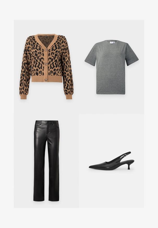 Przycięty kardigan w kolorze brązowym z czarnym wzorem w panterkę. Posiada dekolt w serek, prążkowane wykończenie u dołu i na mankietach oraz pięć guzików z przodu. Miękka tekstura.; Szara koszulka z krótkim rękawem, wykonana z miękkiej bawełny. Okrągły dekolt, luźny krój o gładkiej fakturze i minimalistycznym wzornictwie.; Czarne skórzane spodnie o prostym kroju, z zapięciem na guzik i przednimi kieszeniami. Gładka faktura z subtelnymi detalami w szwach.; Czarne skórzane buty typu slingback z wydłużonym noskiem i smukłym, zakrzywionym obcasem. Posiadają dyskretny regulowany pasek z metalową klamrą.