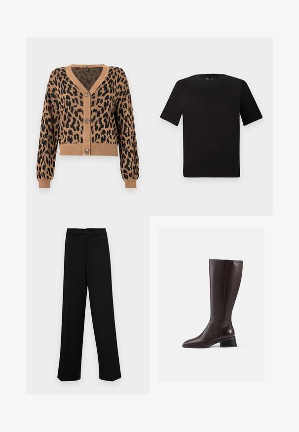 Cropped cardigan in tan with black leopard print. Features a V-neck, ribbed hem and cuffs, and five buttons down the front. Soft texture.; Black short-sleeve t-shirt with a round neckline, crafted from soft cotton fabric. Simple design, no visible logos or patterns.; Black wide-leg trousers made of smooth fabric, featuring a classic waistband with a button closure and front pleats.; Knee-high brown leather boots with a smooth finish, rounded toe, and a stacked black heel. Simple design with minimal hardware details.