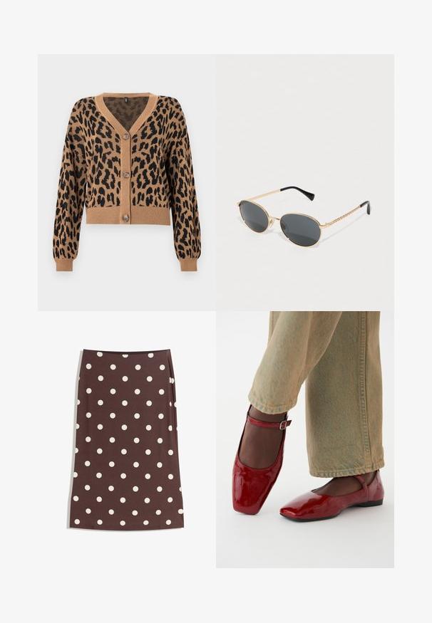 Cropped cardigan in tan with black leopard print. Features a V-neck, ribbed hem and cuffs, and five buttons down the front. Soft texture.; Brown long-sleeve top with a scoop neckline, featuring large white polka dots and gathered detail at the waist for a fitted look.; Brown skirt with white polka dots, straight design, knee-length, made from smooth fabric with an elastic waistband.; Red patent leather shoes with a square toe, low heel, and ankle strap, paired with light green wide-leg jeans. Smooth texture, reflective surface.; Oval sunglasses with dark lenses, gold metal frame, and braided gold sides. Black tips on the arms enhance design.; Brown woven leather tote bag with two handles, a structured shape, and a textured surface, featuring a diamond pattern throughout.