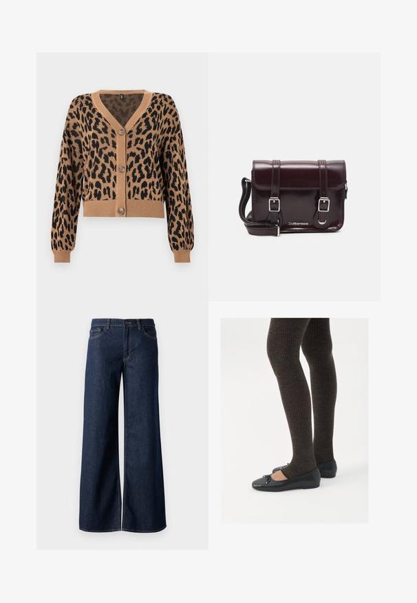 Zkrácený svetr v béžové barvě s černým leopardím vzorem. Má véčkový výstřih, rypsový lem a manžety a pět knoflíků vpředu. Měkká textura.; Černý dlouhý rukáv, přiléhavý top se čtvercovým výstřihem, označený značkou GAP, vystavený na bílém pozadí.; Džínsy s širokými nohavicemi v tmavě modré barvě. Mají kontrastní švy, pět kapes a zapínání na knoflík v pase. Hladká textura.; Černé ploché boty s malou mašlí na špičce, kombinované s tmavě hnědými žebrovanými punčochami. Boty mají hladký povrch a nízký profil.; Burgundská lakovaná křížová taška obdélníkového tvaru, se dvěma popruhy, stříbrnými kovovými doplňky a klopovým uzávěrem.