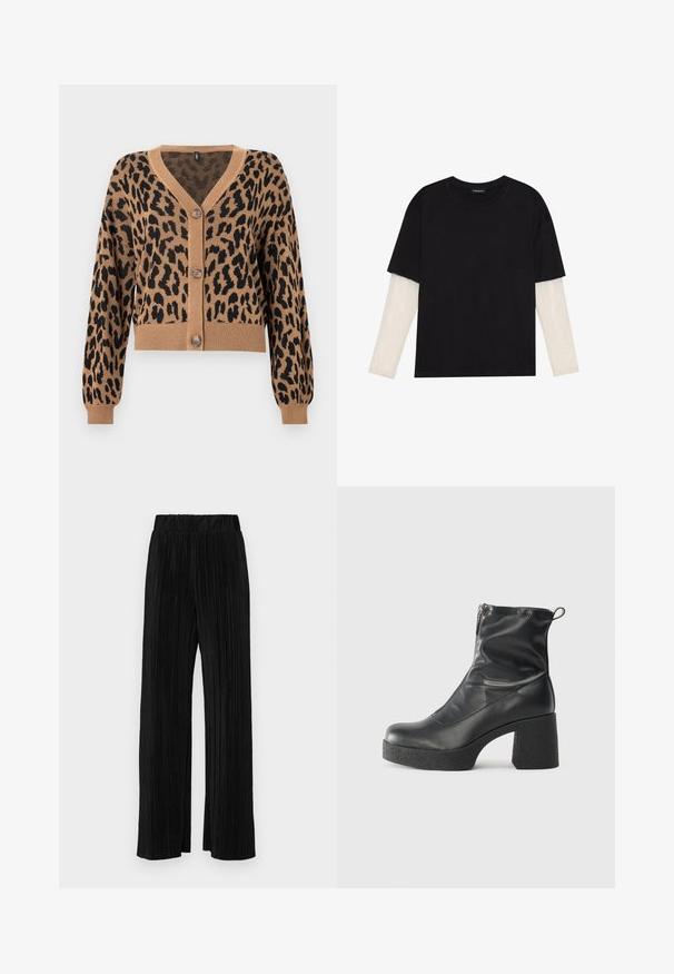 Cardigan curto em bege com padrão de leopardo preto. Apresenta um decote em V, bainha e punhos canelados, e cinco botões na frente. Textura suave.; T-shirt preta de algodão, com mangas curtas sobre uma camada de mangas longas branca com um padrão texturizado subtil. Design de decote redondo.; Calças pregueadas pretas com uma cintura elástica. Apresentam pernas largas e um tecido liso, texturizado com riscas verticais.; Botas de tornozelo pretas feitas de couro liso, com fecho lateral, salto grosso texturizado e design de bico arredondado.