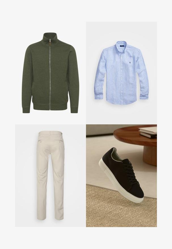 Giacca verde oliva con zip e colletto alto, realizzata in tessuto morbido, con tasche laterali e polsini e orlo a coste.; Camicia a maniche lunghe a righe bianche e blu in cotone, con colletto button-down, bottoni frontali e un piccolo logo ricamato sul petto.; Pantaloni beige con una texture liscia, taglio dritto, due tasche posteriori con bottoni e vita standard.; Sneaker nero con suola bianca che flotta sopra un tappeto beige testurizzato vicino a un tavolo rotondo in legno con libri impilati.