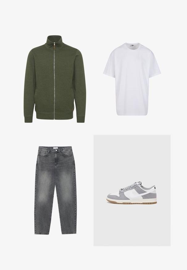 Oliven grønn zip-up jakke med høy krage, laget av mykt stoff, med sidelommer og ribbede mansjetter og nederkant.; Hvit bomull t-skjorte med korte ermer, rund utringning, avslappet passform, og ingen synlige logoer eller mønstre. Glatt tekstur og minimalistisk design.; Høyt liv, løstsittende jeans i falmet svart denim. Har fem lommer, beltehemper og et rent, rett ben-design.; Nike joggesko har en overdel av grå semsket skinn og hvitt lær med perforeringer, runde lisser og en gummisåle for grep.
