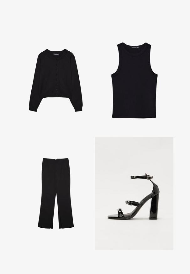 Černý zkrácený kardigan vyrobený z pletené tkaniny, s kulatým výstřihem, dlouhými rukávy a zapínáním na knoflíky s šesti knoflíky vpředu.; Černý top na ramínka vyrobený z bavlny, s kulatým výstřihem a širokými průramky. Hladká textura s prošitými lemy. Klasický, minimalistický design.; Černé kalhoty s rovným střihem, s předními kapsami a bočními rozparky na lemu. Vyrobené z jemné, hladké tkaniny. Vhodné na různé příležitosti.; Černé lakované sandály na vysokém podpatku se dvěma pásky se sponami, čtvercovou špičkou a robustním blokovým podpatkem, s hladkou, lesklou texturou.