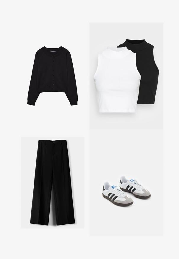 Czarny krótki kardigan wykonany z dzianiny, z okrągłym dekoltem, długimi rękawami oraz zapięciem na sześć guzików z przodu.; Dwa bezrękawnikowe golfy w kolorze czarnym i białym, charakteryzujące się dopasowanym fasonem i gładką teksturą, o skróconej długości.; Czarne spodnie szerokie, wykonane z lekkiego materiału, z zapięciem na guzik z przodu i gładkim przodem, z starannie wykończonymi brzegami.; Buty sportowe z białą skórzaną cholewką, szarym zamszowym noskiem i trzema czarnymi paskami. Posiadają niebieskie logo na języku oraz teksturowaną gumową podeszwę.